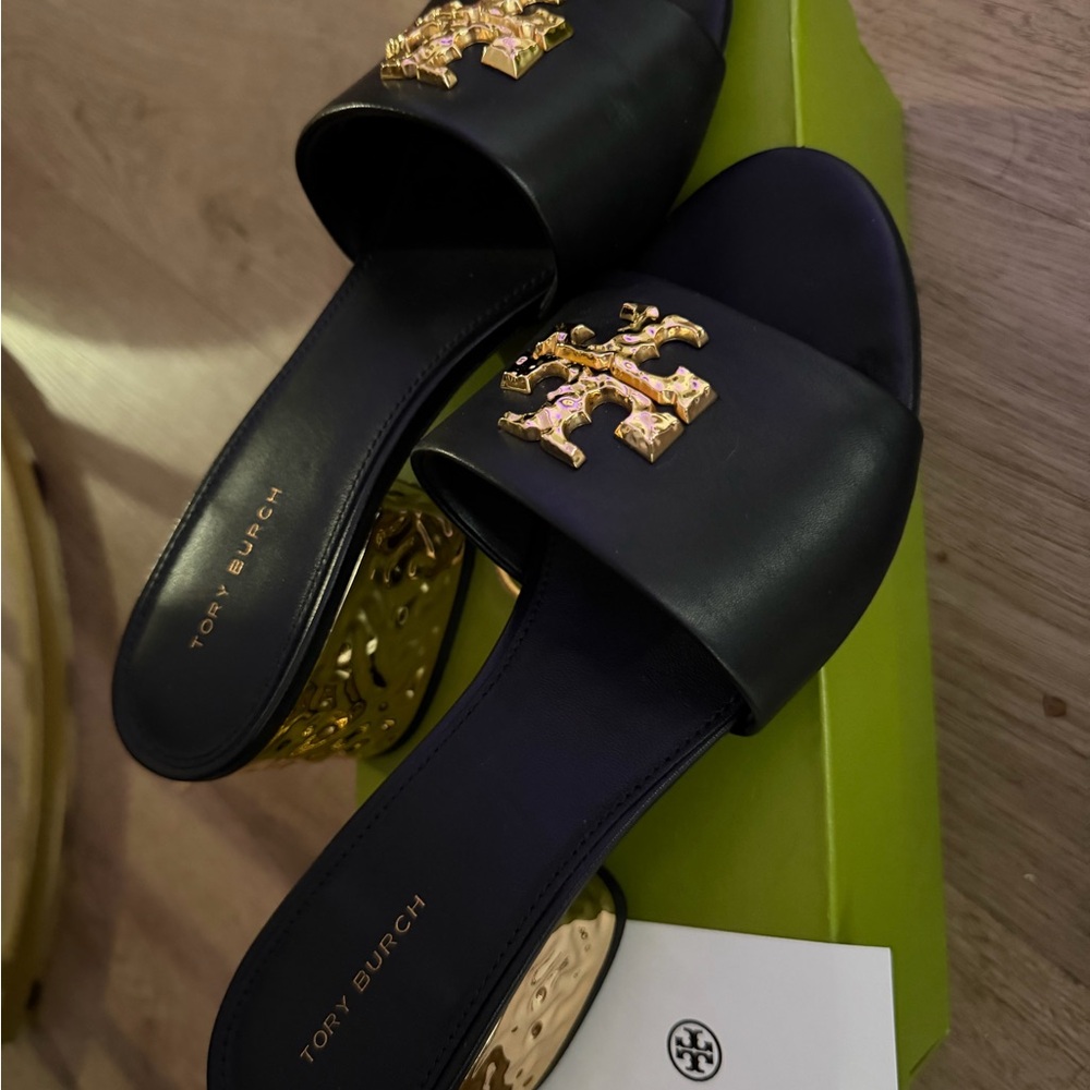 Tory Burch Black Leather Slide Mules with Gold Logo